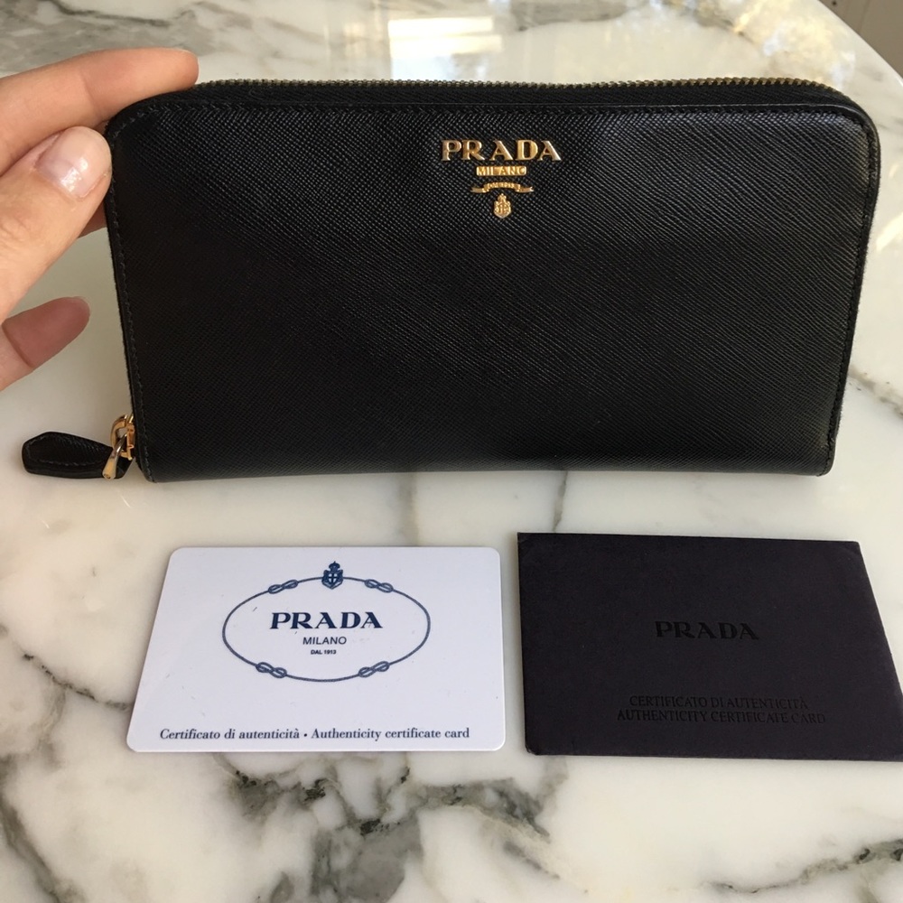 • Prada • Saffiano metal oro zip around wallet